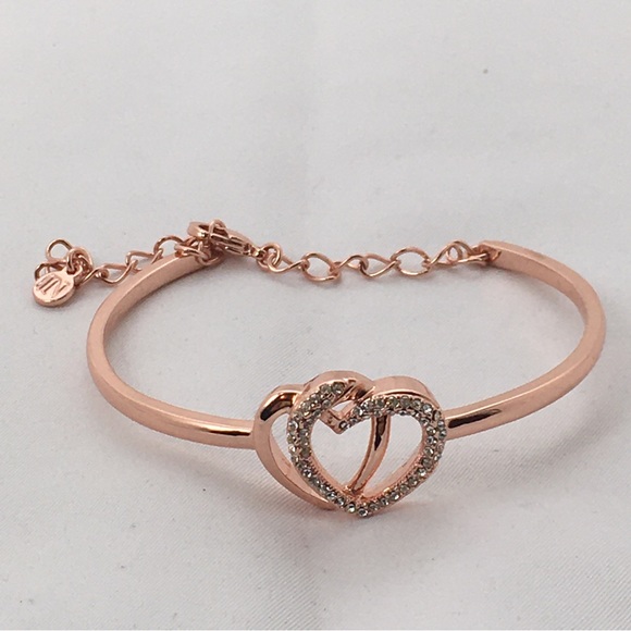 JN Rose Gold Twin Hearts Cuff Bracelet With Crystals And Safety Chain - Picture 1 of 3